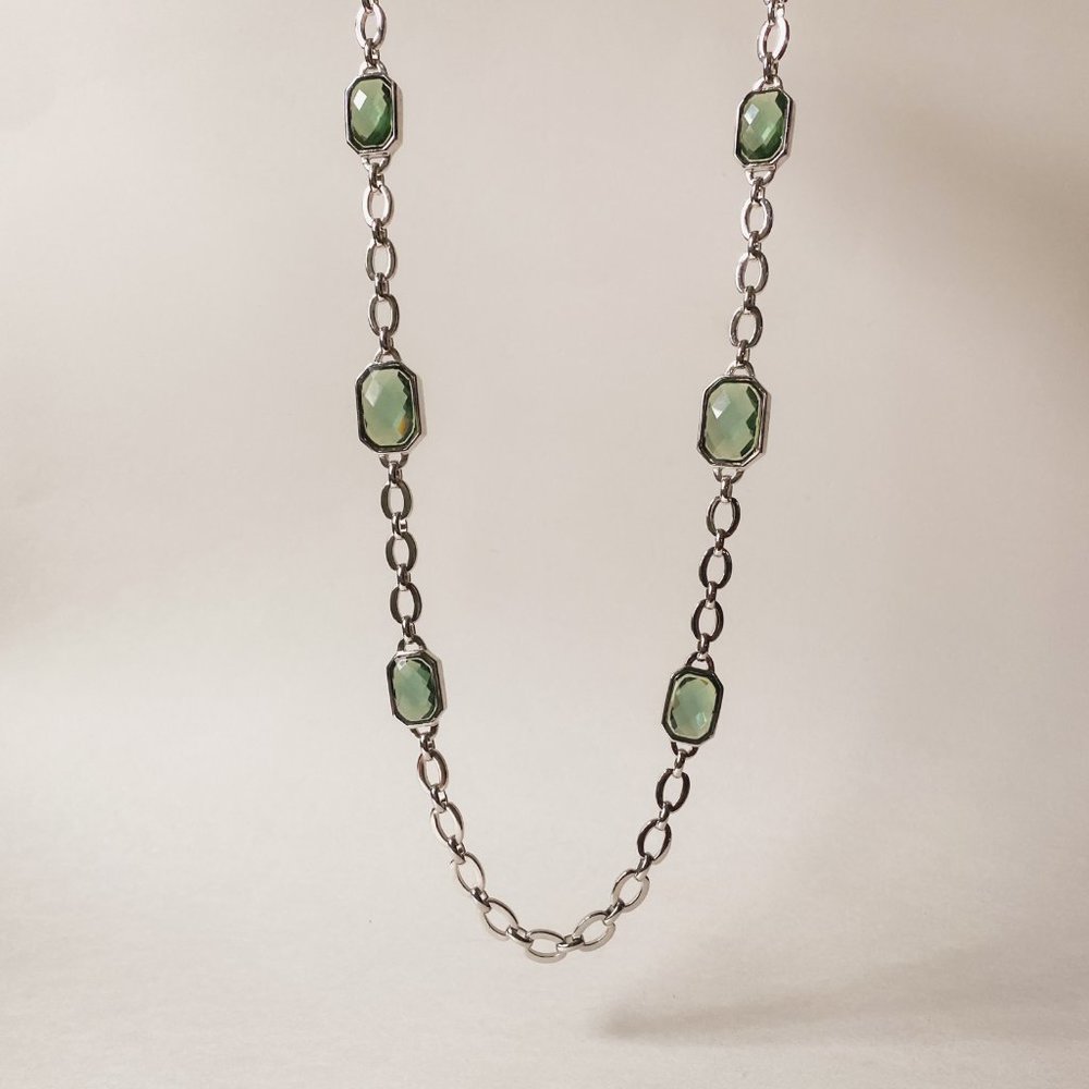 37" Anne Klein Green Jewel Crystal Rhinestone Silver Tone Chunky Chain Necklace